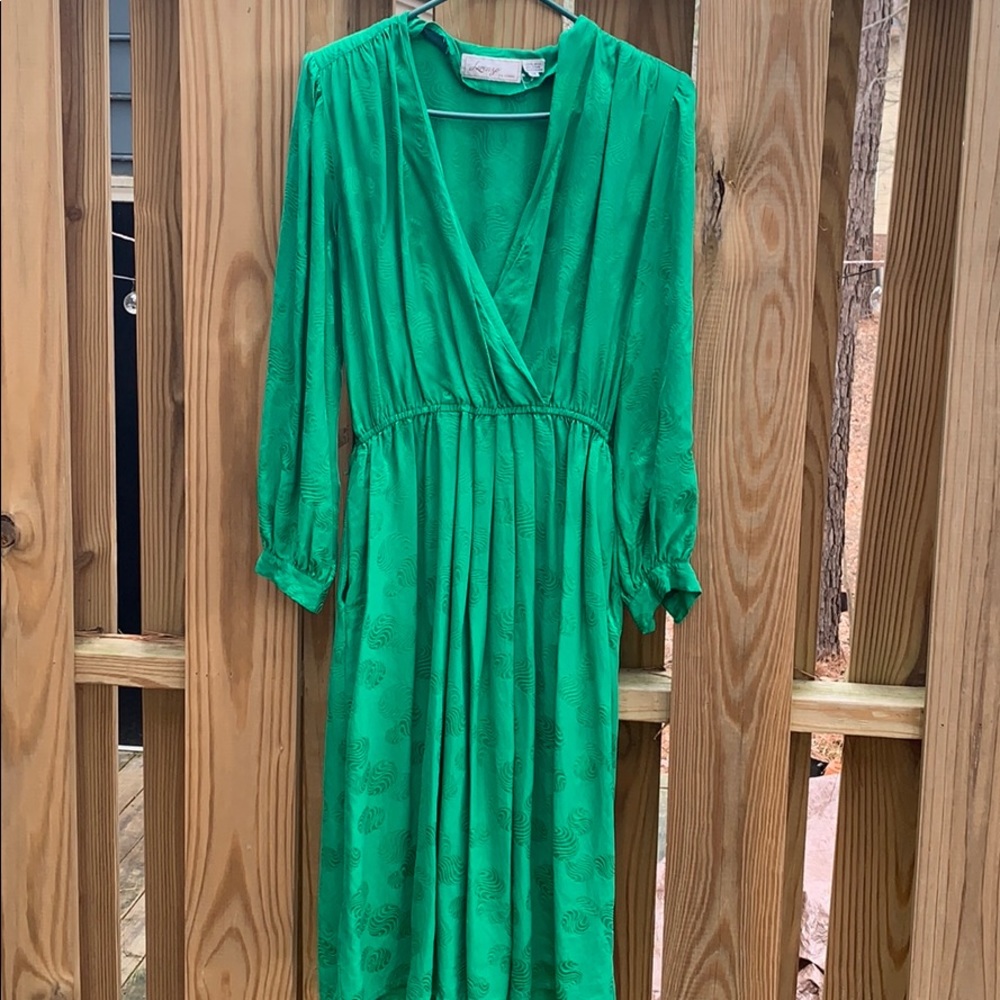 Vtg 70s green silk dress